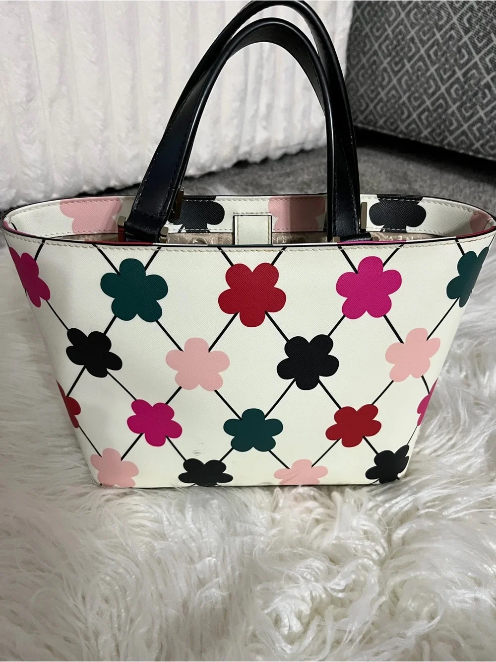 kate spade White Floral Motif Small Tote with Black Handles